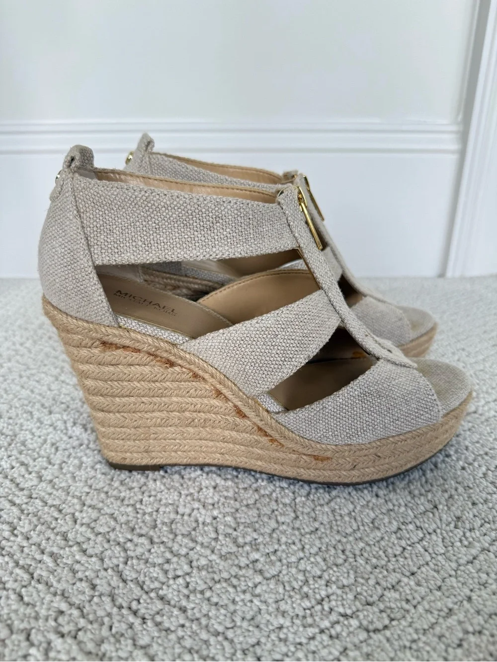 MICHAEL Michael Kors Beige Espadrille Wedge Sandals with Gold Zipper